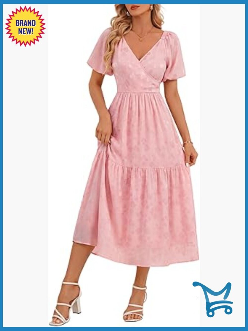 Smocked Wrap V Neck Tie Waist Puff Sleeve A-Line Flowy Midi Dress